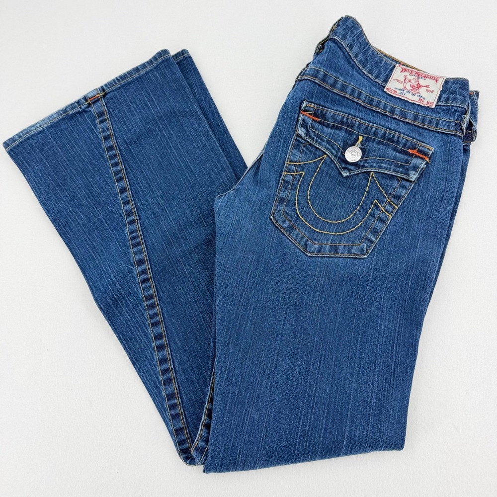 True Religion Joey Flare Jeans Womens 30 Blue Low Rise Twisted Seam Excellent